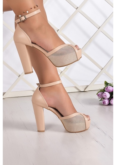 Erkan Saçmacı Carmen Ten Fileli Önü Açık Bilekten Bağlamalı Platform Topuklu Ayakkabı Ten Rengi