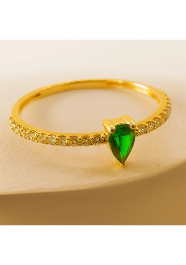 14 Ayar Altın Yeşil Zümrüt Taşlı Minimal Yüzük 14 Ayar Altın