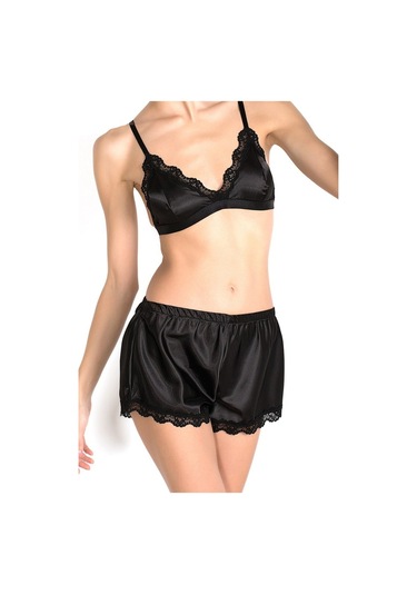İPEK ÖZMEL Kadın Saten Bralet Takım Siyah  Gecelik Siyah