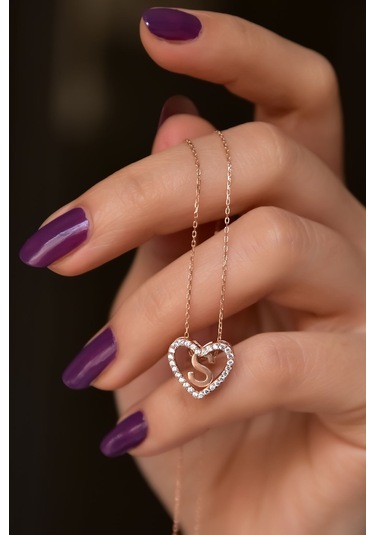 925 Ayar Gümüş Rose Kaplama Aşkın Harfi S Kalp Kolye