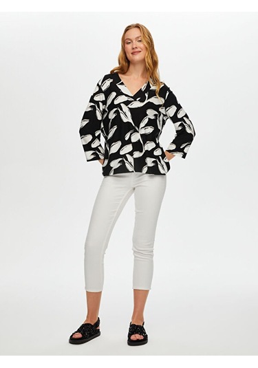 V Yaka Yaprak Desen Örme Bluz S25blz041 Us25blz04110 Siyah