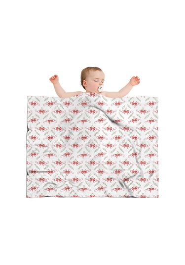 Noel Desenli Bebek Battaniyesi 40x30 İnç, Polar, Yumuşak, Hafif Ve Kalın Noel Kurdele Yaprağı