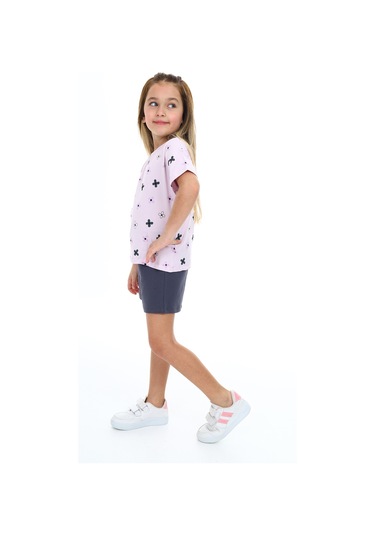 Toontoy Kız Çocuk Garni Komple Çiçek Baskılı Şortlu Takım Açık Lila
