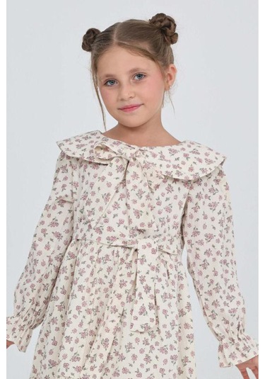 Kız Çocuk Fiyonk Yakalı Bel Kuşaklı Çiçek Desenli Kloş Etekli Elbise 12301 Pudra