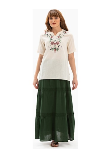 Uzun Şile Bezi Dantelli Etek Yeşil