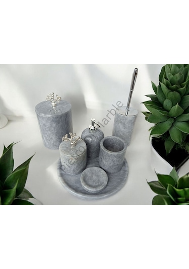 Gri Mermer Klasik Model 7 Parça Gümüş Renk Mercan Aksesuarlı Banyo Seti Gri