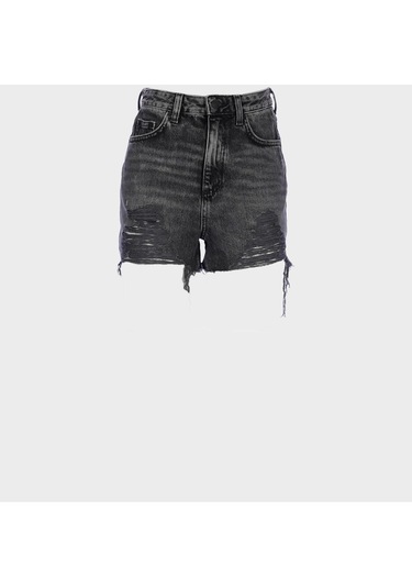 Antrasit Yüksek Bel Patı Fermuarlı Yıprtamlaı Jean Şort C 4534-094 Antrasit