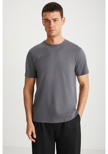 Mıchel Erkek Slim Fit Dar Kesim %100 Organik Pamuklu Yana Kayan Dikişli Basic Örme Koyu Gri T-shirt