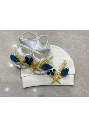 Lohusa Terlik Taç Anne Bebek  Takımı Petrol Mavi Kuru Çicek  Taç