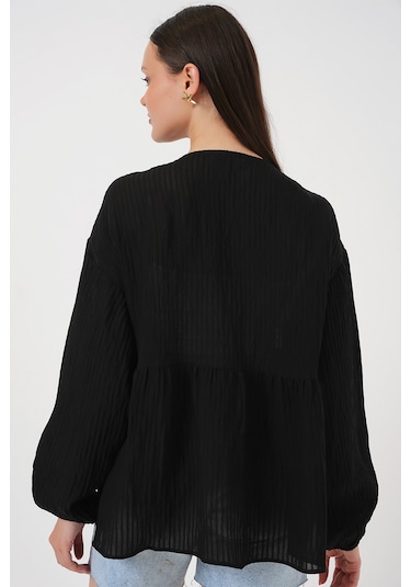 Kadın Önü Bağcıklı Uzun Kol Bluz 946 - Siyah Siyah