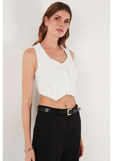 Lela Slim Fit Kalp Yaka Düğmeli Kalın Askılı Crop Bayan Yelek 5865497 Siyah Çizgili