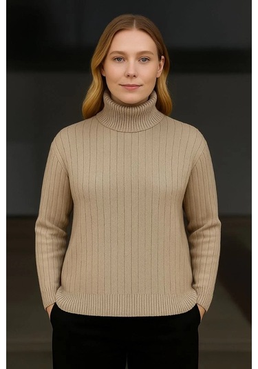 Kadın Balıkcı Yaka Bağazlı Triko Kazak Pamuklu Kalın Fitilli Dokuma - Bej Bej