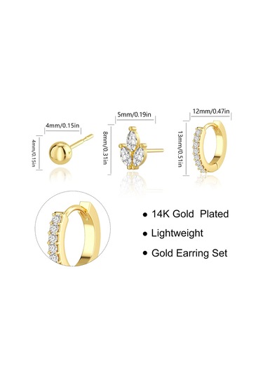 Kangvka Kadınlar İçin 14k Altın Kaplama Zirkon Taşlı Çok Stilde Küpe Ve Tırnak Küpe Seti - 3 Çift Paket Gold