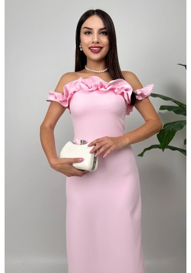 Arlina Madonna Yaka Göğüs Büzgülü Uzun Pembe Abiye Elbise Pembe