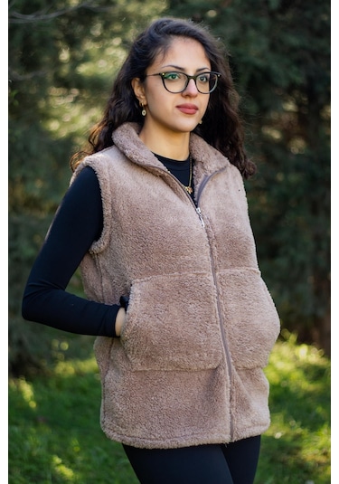 Kadın Vizon Sütlü Kahve Dik Yaka Kalın Peluş Fermuarlı Yelek 24kylkk215 001
