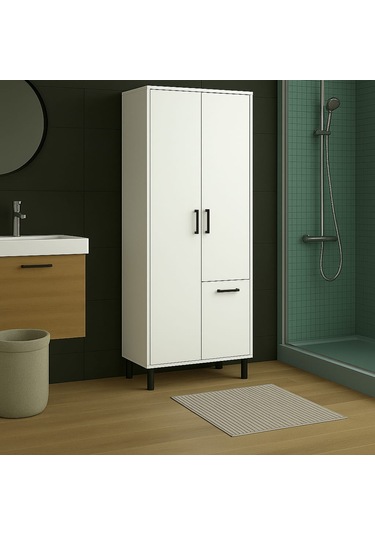Çok Amaçlı & Tek Çamaşır Sepetli Banyo Dolabı Beyaz