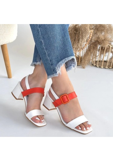 Year Beyaz Cilt Turuncu Detaylı Beyaz Kadın Topuklu Ayakkabı Beyaz3