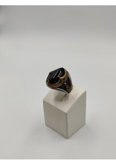 Siyah Taşlı Kapşon Kesim Erkek Yüzüğü 24 Mm 925 Ayar Gümüş Yüzük