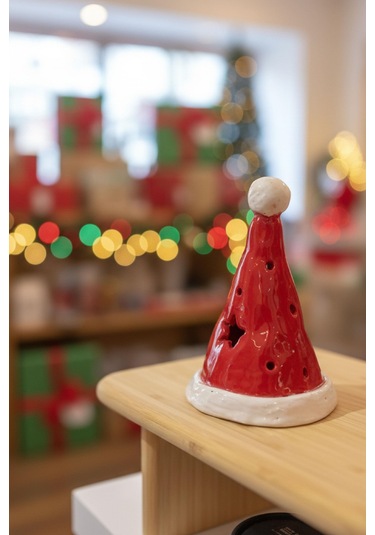 Noel Şapka Seramik Mumluk- Küçük Çok Renkli