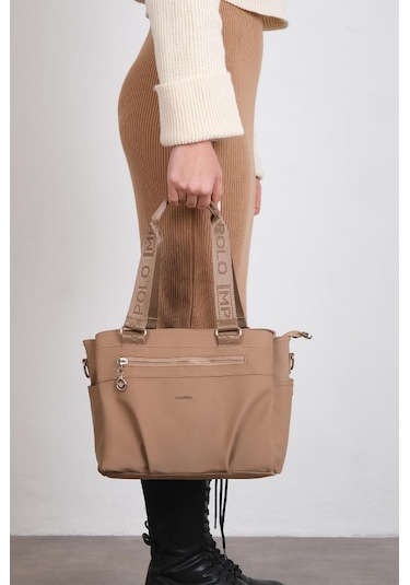 Kadın Omuz Çantası Saten Kumaş 35 25 Cm Çapraz Askılı Postacı Çanta Mega Bag Vegan Deri Kol Çantası Vizon