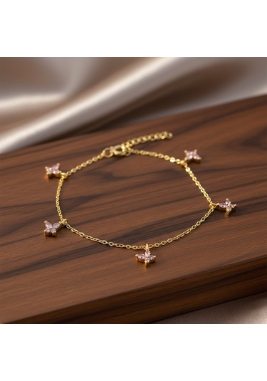 925 Ayar Gümüş Sallantılı Pembe Gold Kelebek Bileklik Altın