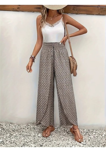 The İstanbul Kadın Yüksek Bel Lastikli Önden Iki Parçalı Desenli Bürümcük Pantolon Bej