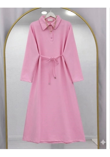 Lovie Moda Kadın Polo Yaka Bağcıklı Elbise - Pembe