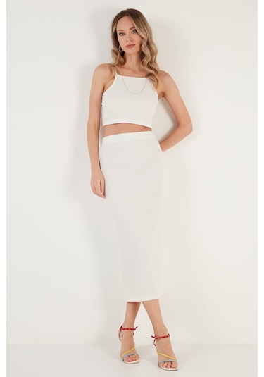 Lela Slim Fit Ip Askılı Yırtmaçlı Bayan Takım 5865278 Ekru