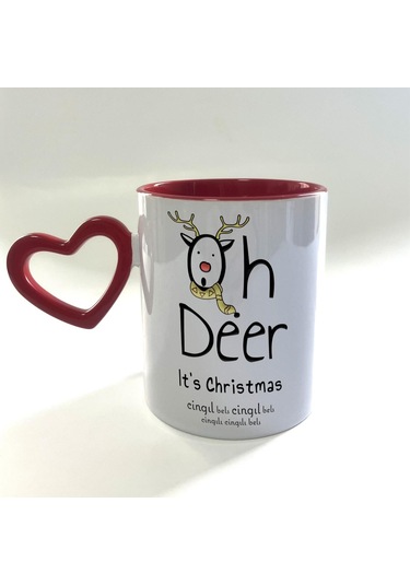 Cingıl Bels Baskılı Boş Kalp Kulplu İçi Kırmızı Yılbaşı Kupası