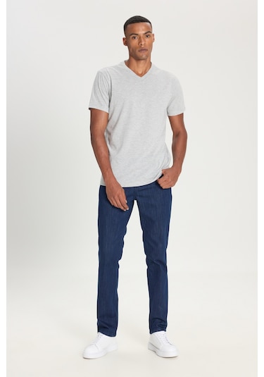 Ac&Co / Altınyıldız Classics Slim Fit Dar Kesim V Yaka Pamuklu Erkek Tişört Gri Melanj