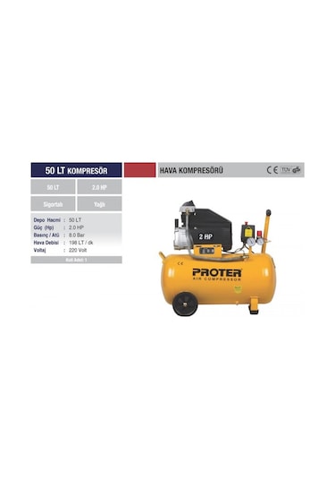 Proter 2 Hp 8 Bar 50 LT Yağlı Hava Kompresörü