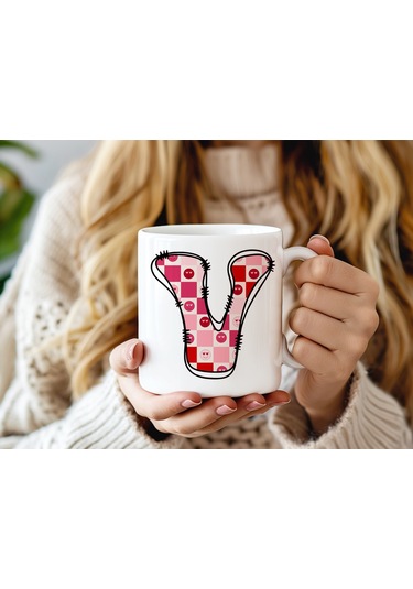 V Harfi Pembe Kareli Kalpli Göz Emojili Kupa Bardak Eğlenceli Kareli Tasarım Kahve Çay Kupası 07 Beyaz