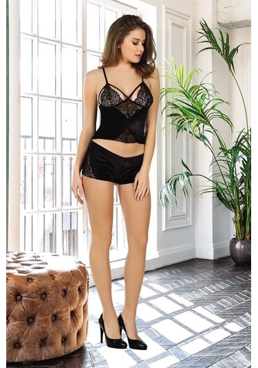 Sistina Bayan Siyah Kadife Sabahlıklı Büstiyer Şort Takım 1399 Siyah