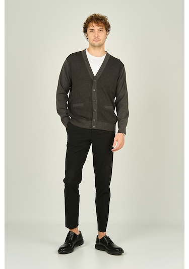 Ateş Triko Erkek Cep Detaylı V Yaka Yün Hırka 4490 Koyu Gri Koyu Gri