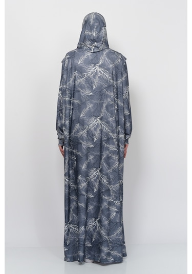 Pratik Tek Parça Ağaç Desenli Kollu Tak Çıkar Başörtülü Likralı Tesettür Namaz Elbisesi 990-0705 Gri Antrasit