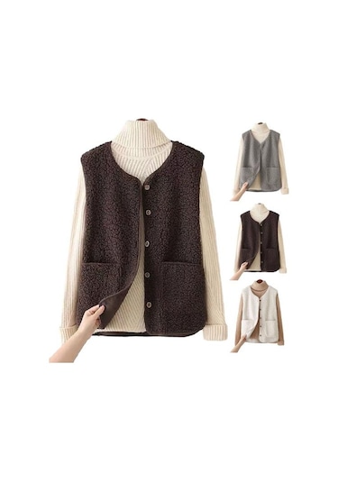Kadın Güz Kış Yelek Ceket Düz Renk V Boyun Kolsuz Düğme Kapatma V Boyun Yumuşak Sıcak Cepler Hırka Bayan Yelek Haki