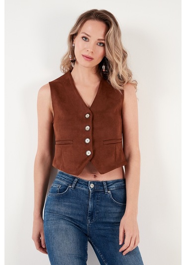 Lela Fitted Scuba Süet V Yaka Düğmeli Bayan Yelek 5865576 Taba