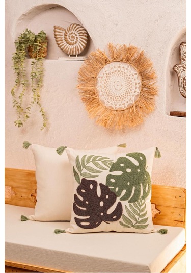 Doğa Motifli Püsküllü Kırlent Kılıfı Tropikal Yapraklar Çok Renkli