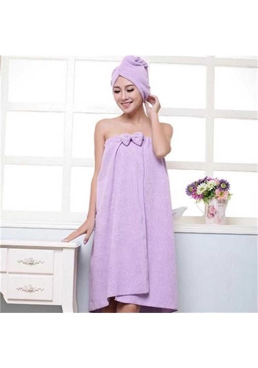 Mor Kadın Sevimli Ilmek Çabuk Kuruyan Banyo Havlusu Spa Sarar Ve Duş Bonesi Bornoz Seti