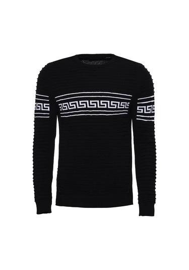 Wessi Siyah Üzerine Göğüs Desenli Bisiklet Yaka Erkek Triko Siyah