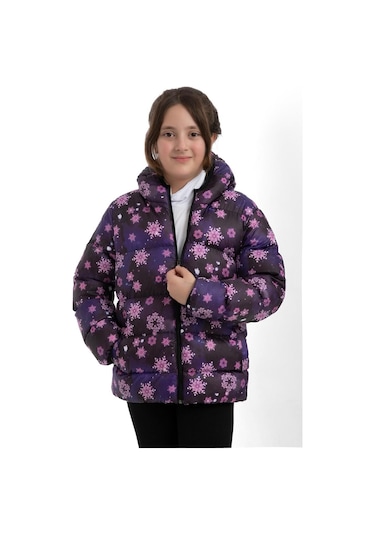 Kız Çocuk Mor Kar Tanesi Desen İçi Polar Su Ve Rüzgar Geçirmez Kapüşonlu Cepli Şişme Kışlık Mont Mor