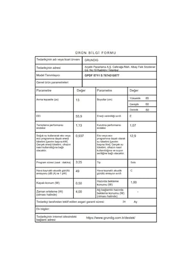 Grundig GPDF 5711 S 5 Programlı 13 Kişilik Bulaşık Makinesi