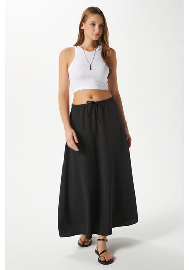 Kadın Trend Modal Serin Kumaş Siyah Bel Lastikli Cepli Rahat Kalıp Uzun Etek