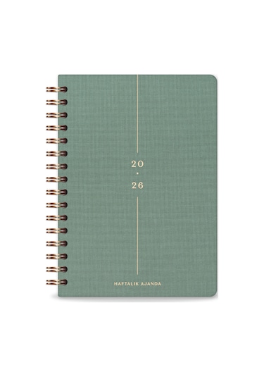2026 A5 Spiralli Keten Haftalık Ajanda 12 Aylık - Yeşil Yeşil