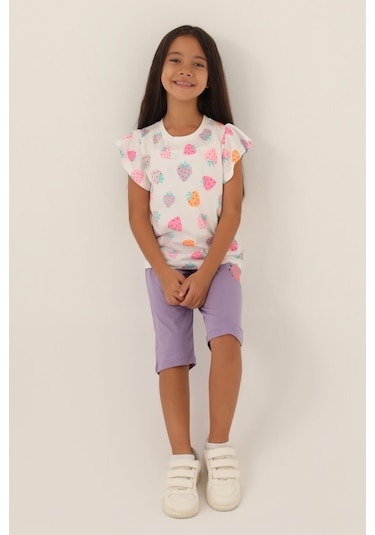 Rolypoly Strawberry Mor Kız Çocuk Kapri Takım 5274-42949 Krem - Lila