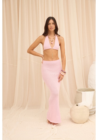 Mai Collection Pangestu Üçgen Pembe Crop Etek Triko Takım
