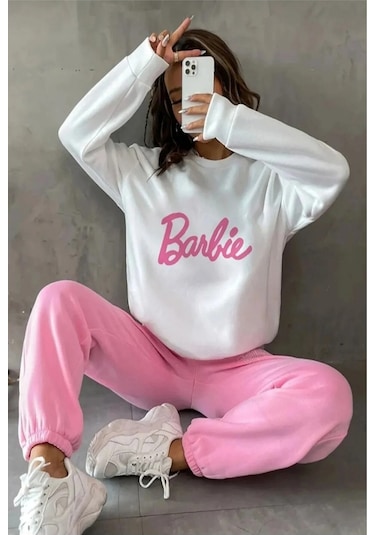 Modagen 3 Iplik Barbie Baskılı Oversize Bisiklet Yaka Sweatshirt Beyaz