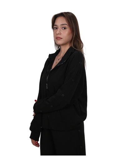 Kadın Modal Kumaş Dik Yaka Rahat Kalıp Siyah Ceket Hırka Siyah