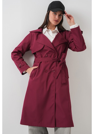 5918 Kruvaze Yaka Trençkot - Bordo Bordo