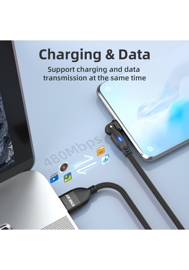 Enkay 180 Derece Dönen Usb'den Type-c 3a Hızlı Şarj Veri Kablosu Led Işıkla, Uzunluk: 1m Kırmızı